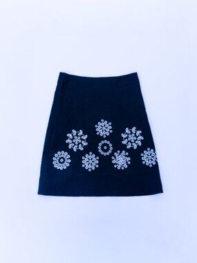 EUC Vintage Black Linen Embroidered Skirt Floral Geometric 8 Lined Coastal Y2K